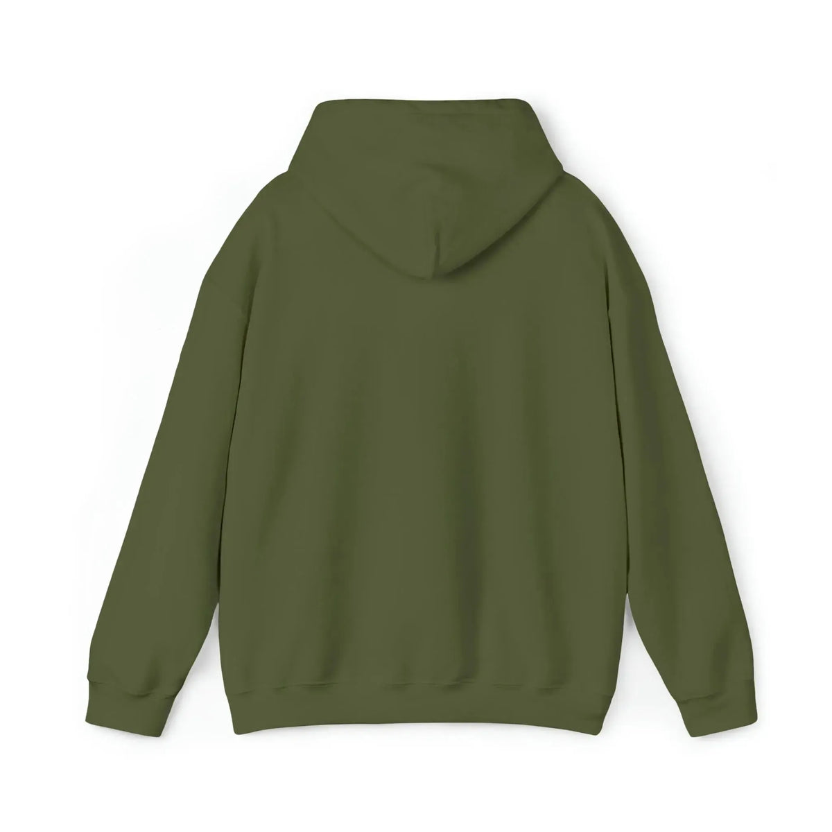 Back view of an olive green heavy blend hooded sweatshirt with a classic fit.