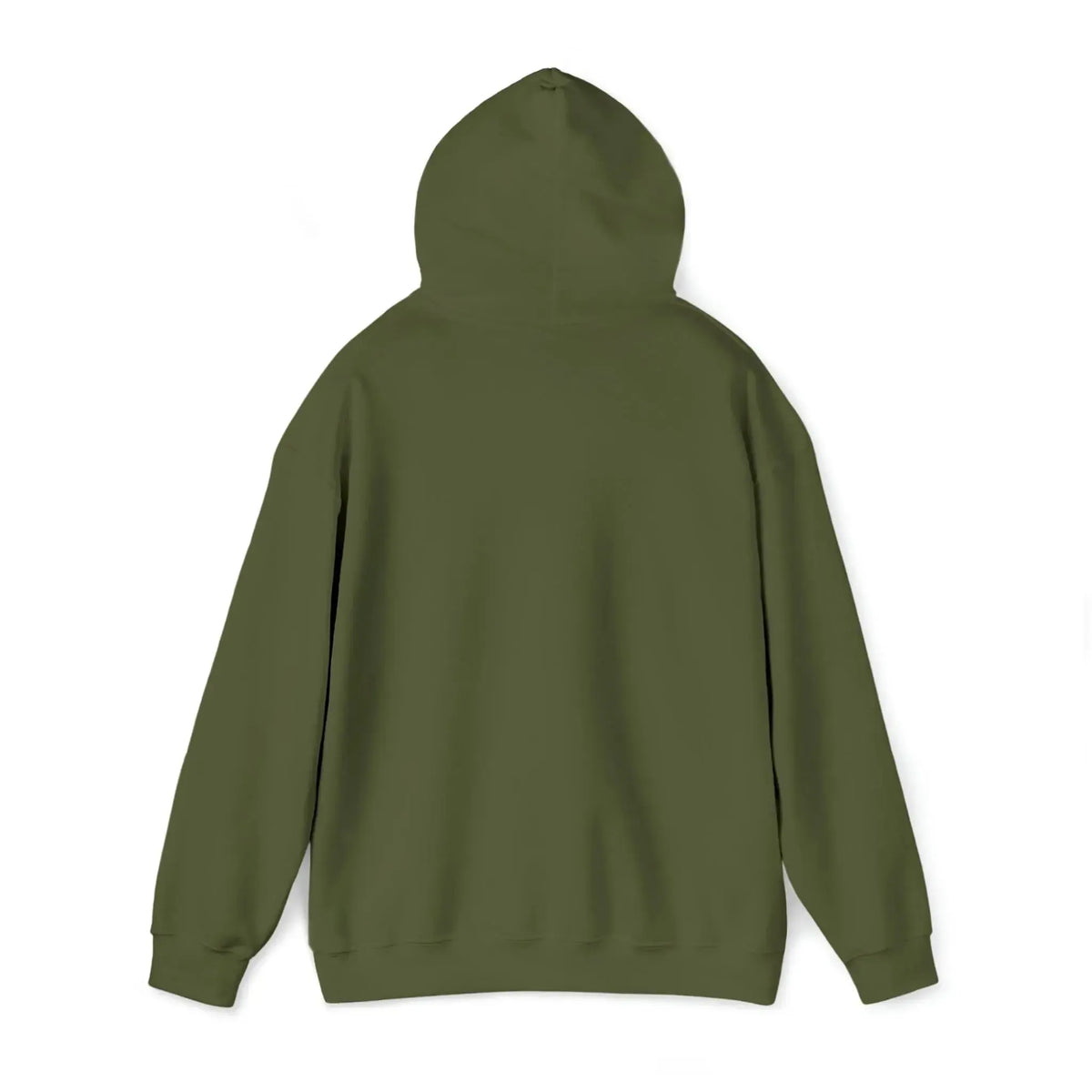 Back view of a plain olive green heavy blend hooded sweatshirt with a classic fit.