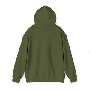 Back view of a plain olive green heavy blend hooded sweatshirt with a classic fit.