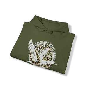 Olive green hooded sweatshirt with "Jon Yacht Outfitters" text and a white duck graphic over a camouflage circle.
