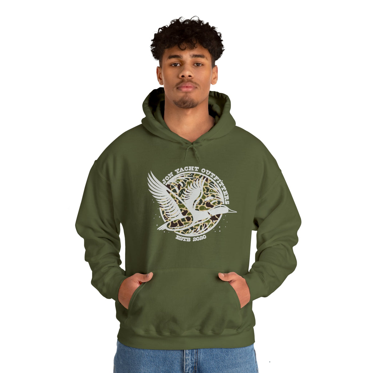 Man wearing an olive green "Old School Ducks" heavy blend hooded sweatshirt with a white duck graphic.