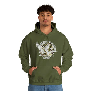 Man wearing an olive green "Old School Ducks" heavy blend hooded sweatshirt with a white duck graphic.