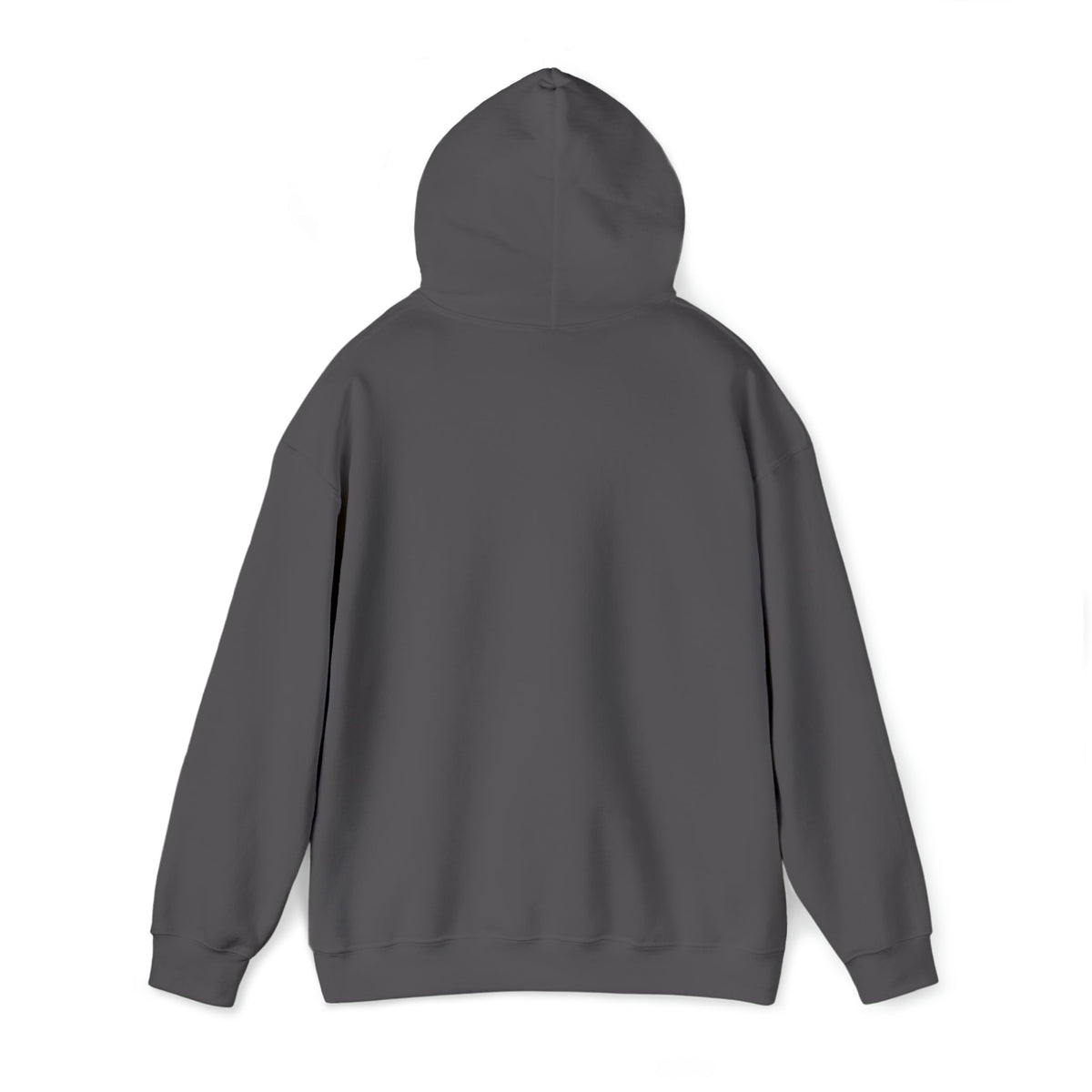 Back view of a plain charcoal gray heavy blend hooded sweatshirt with a classic fit.