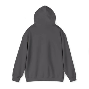 Back view of a plain charcoal gray heavy blend hooded sweatshirt with a classic fit.