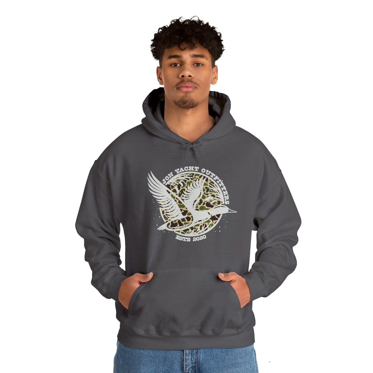 Young man in a charcoal gray cotton-polyester hoodie with a "Don Yacht Outfitters" duck logo.