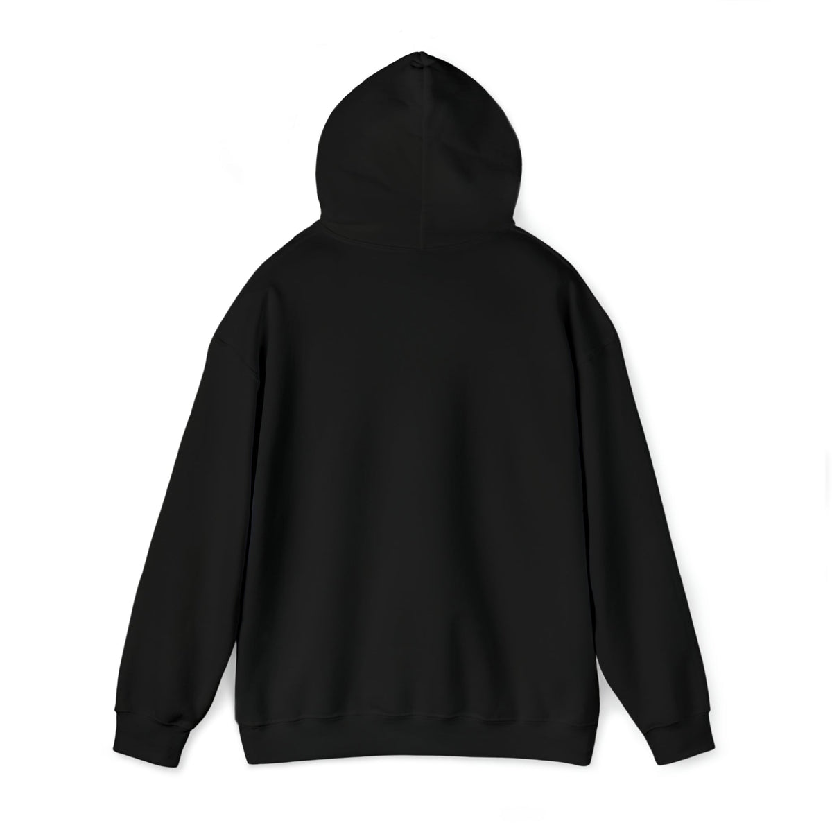 Back view of a plain black heavy blend hooded sweatshirt with a drawstring hood and ribbed cuffs.