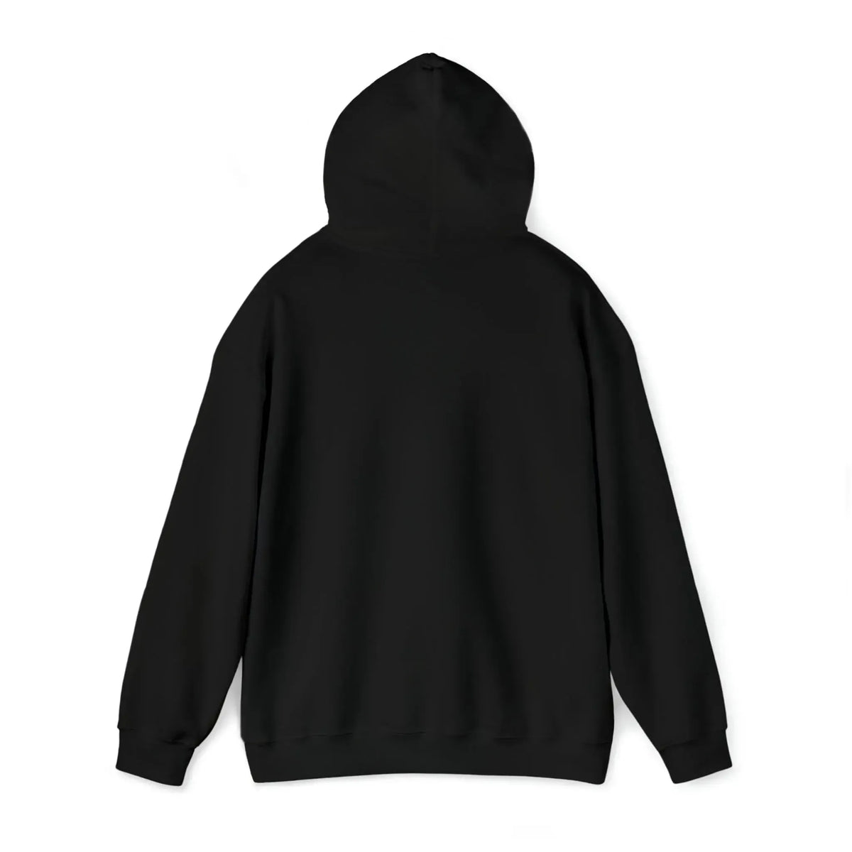 Back view of a plain black heavy blend hooded sweatshirt with a drawstring hood and ribbed cuffs.