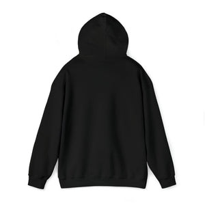 Back view of a plain black heavy blend hooded sweatshirt with a drawstring hood and ribbed cuffs.