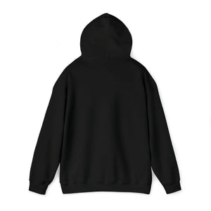Back view of a plain black heavy blend hooded sweatshirt with a drawstring hood and ribbed cuffs.