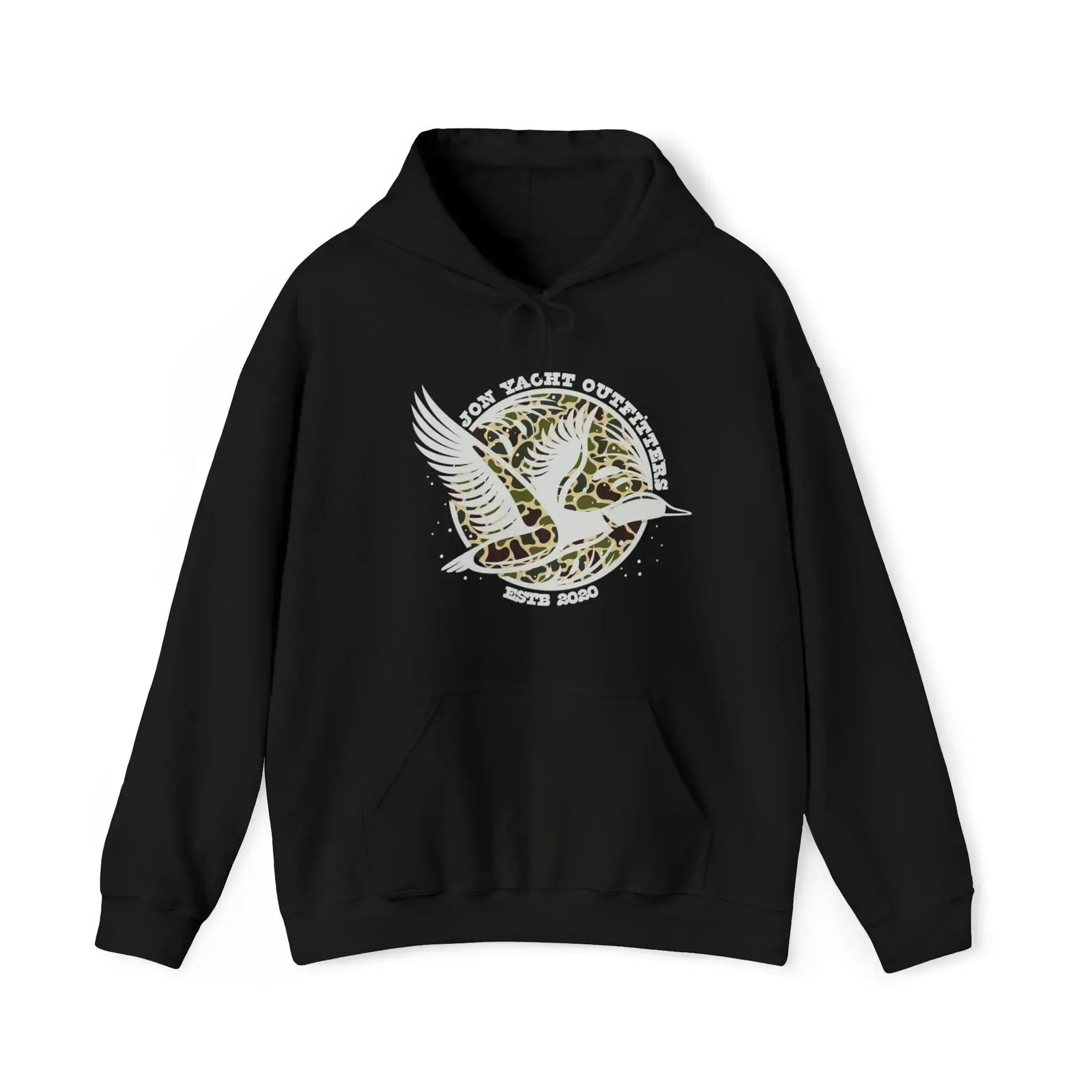 Dark gray cotton-polyester hoodie with a white duck flying over a camouflage circle design.