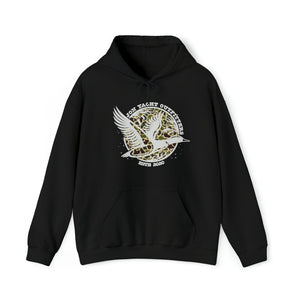 Black heavy blend hoodie with "Son Yacht Outfitters" logo featuring a white duck over a camouflage circle.