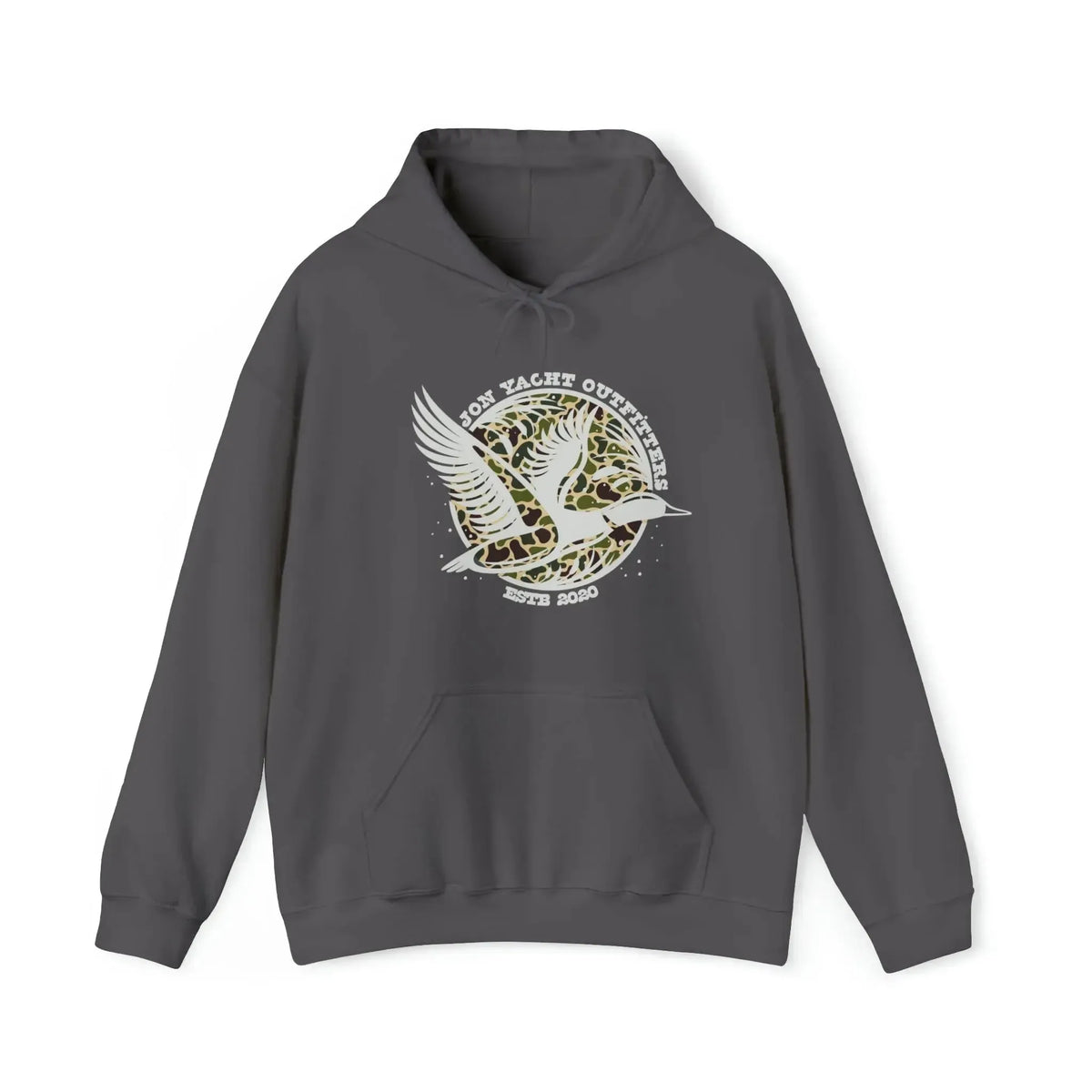 Dark gray cotton-polyester hoodie with a white duck flying over a camouflage circle design.
