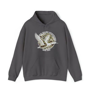 Dark gray cotton-polyester hoodie with a white duck flying over a camouflage circle design.