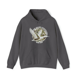 Dark gray cotton-polyester hoodie with a white duck flying over a camouflage circle design.