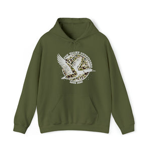 Olive green "Old School Ducks" heavy blend hooded sweatshirt with a white flying duck logo.