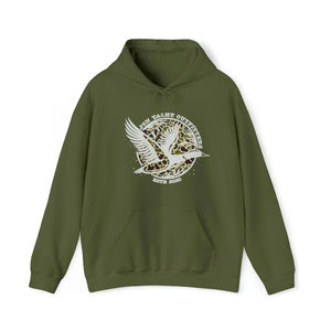 Olive green "Old School Ducks" heavy blend hooded sweatshirt with a white flying duck logo.