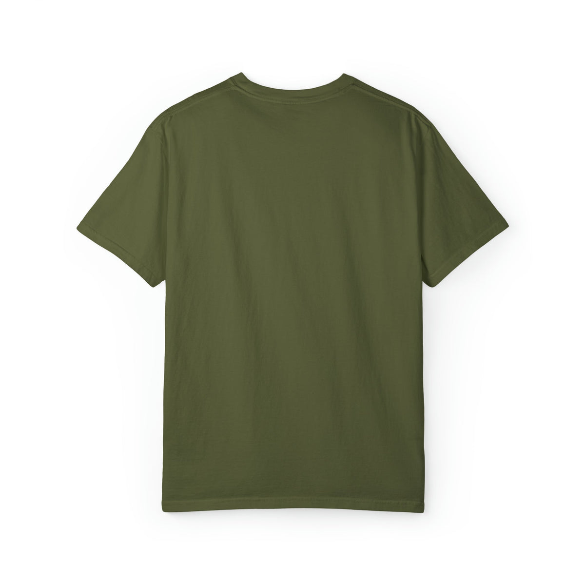 Back of a plain olive green Comfort Colors garment-dyed t-shirt made of 100% ring-spun cotton.