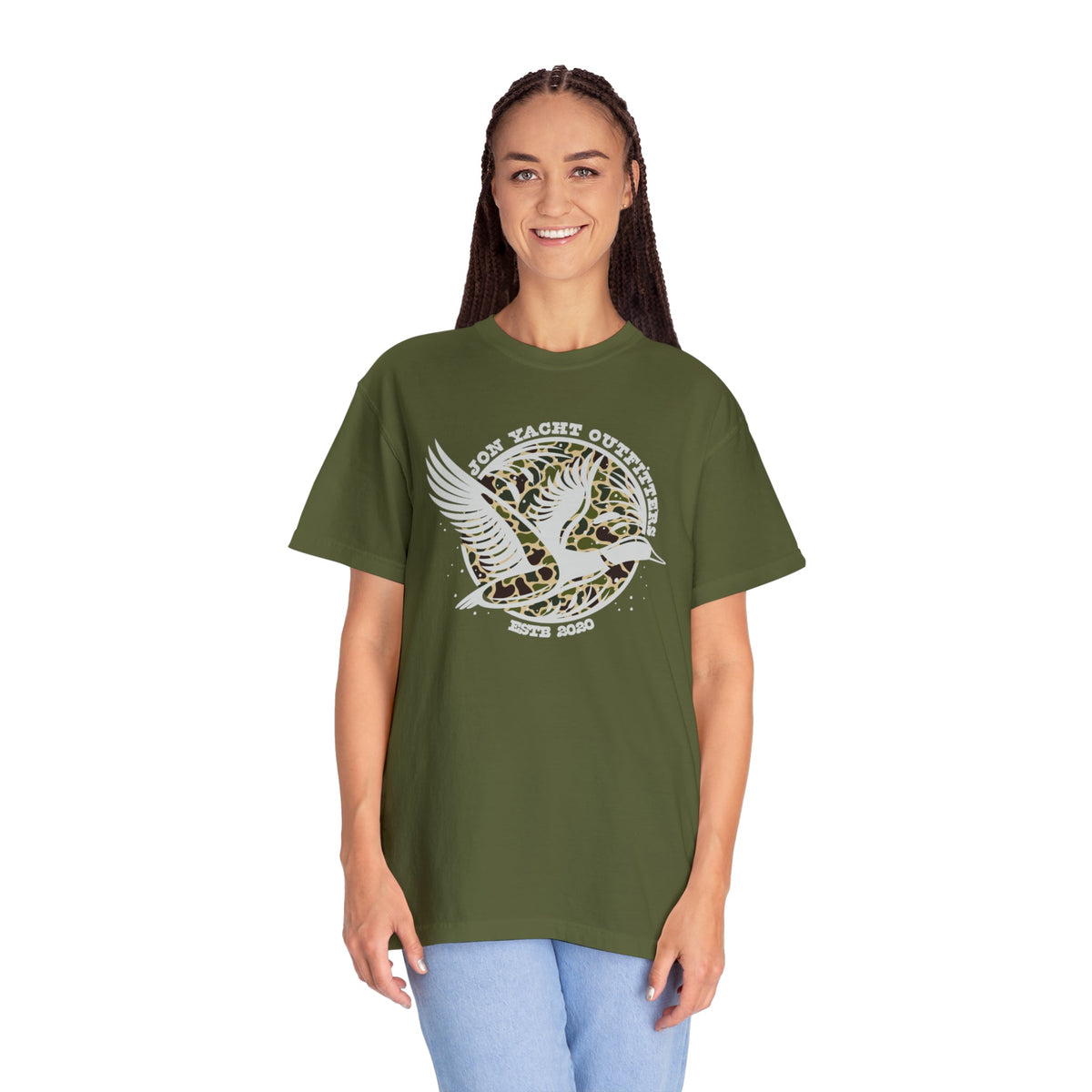 Woman in olive green Comfort Colors t-shirt with "Jon Yacht Outfitters Estb 2020" and duck design.