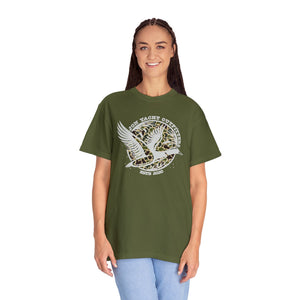 Woman in olive green Comfort Colors t-shirt with "Jon Yacht Outfitters Estb 2020" and duck design.