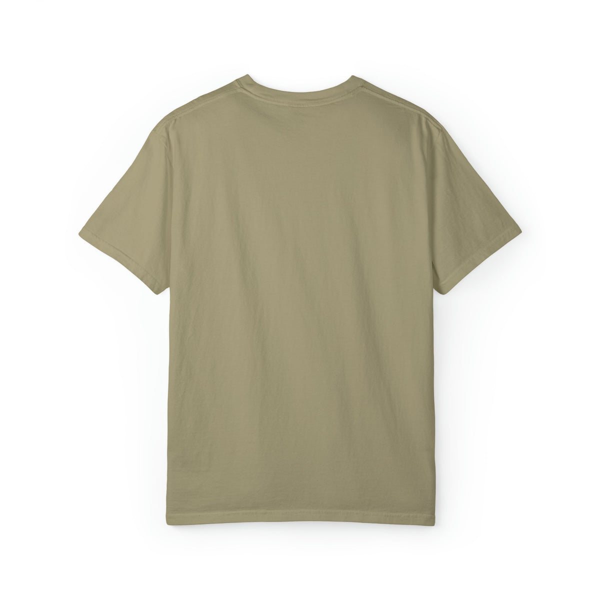 Back of a plain, relaxed fit, garment-dyed khaki green t-shirt made from 100% ring-spun cotton.