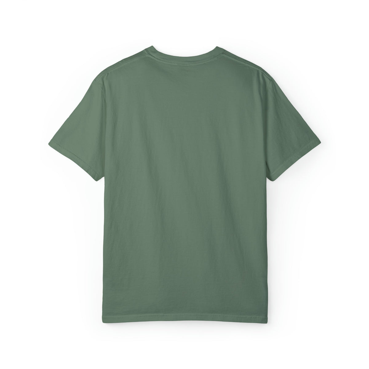 Back view of a plain, relaxed fit, garment-dyed olive green t-shirt made from 100% ring-spun cotton.