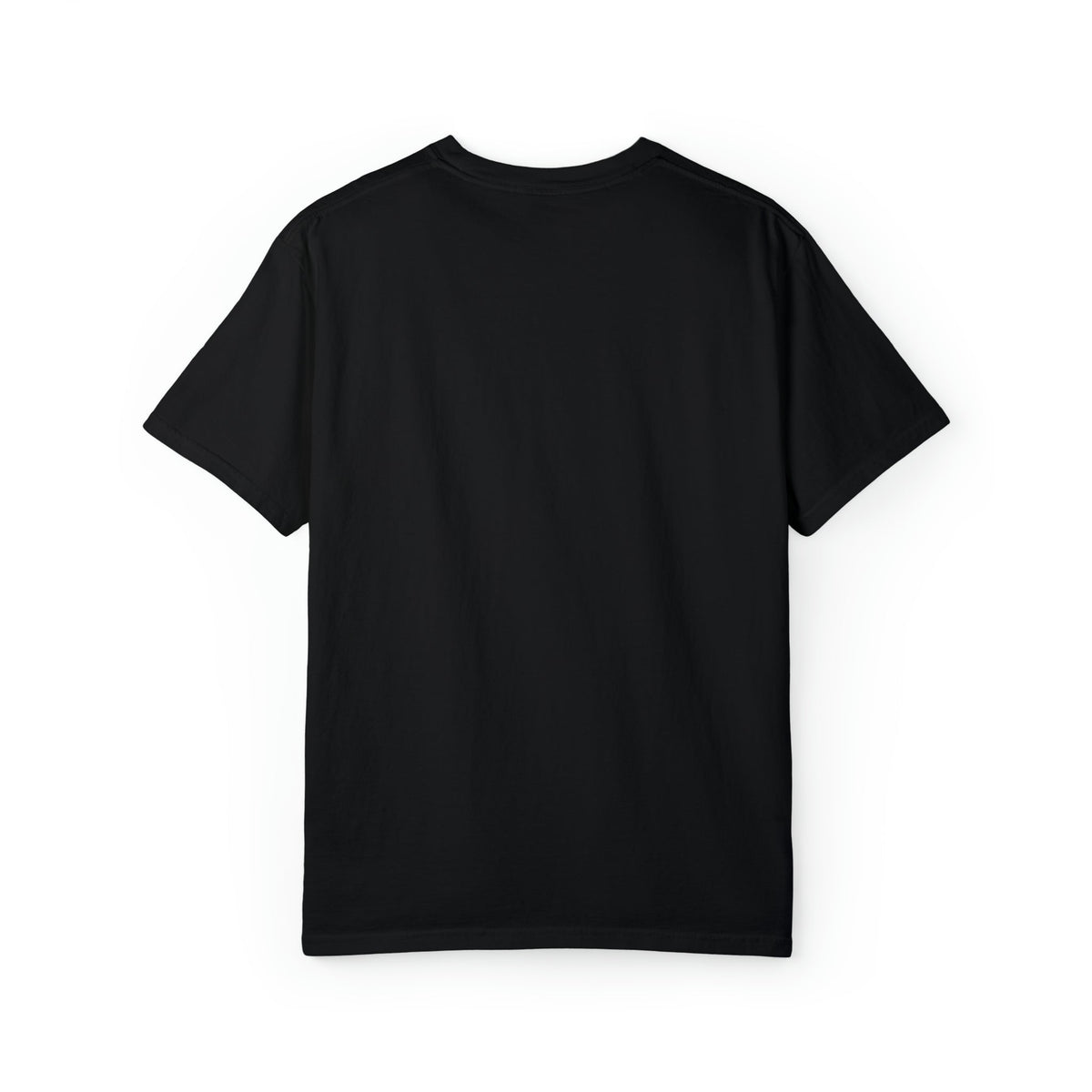 Back of a plain black Comfort Colors garment-dyed t-shirt made of 100% ring-spun cotton.