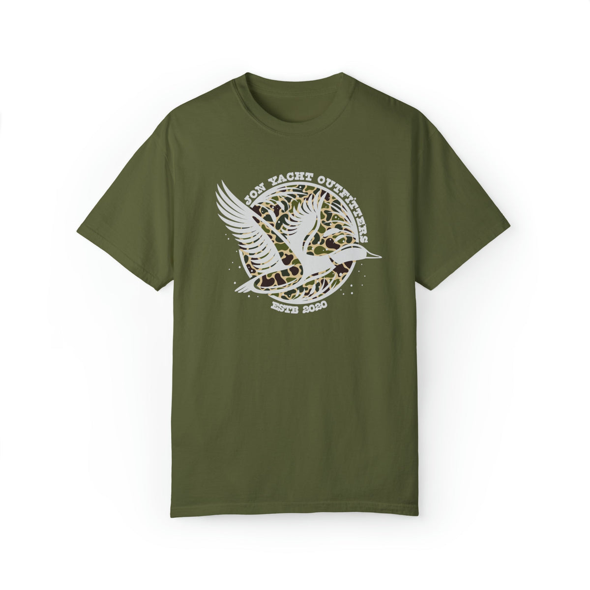 Olive green Comfort Colors t-shirt with a white flying duck and "Don Yacht Outfitters" camo design.