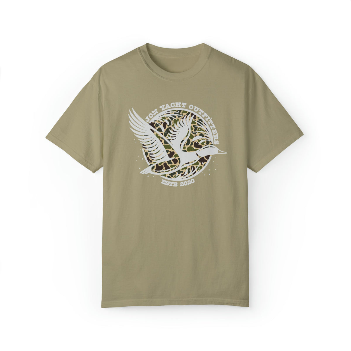 Garment-dyed khaki t-shirt with a white flying duck and "Don Yacht Outfitters" camo logo.
