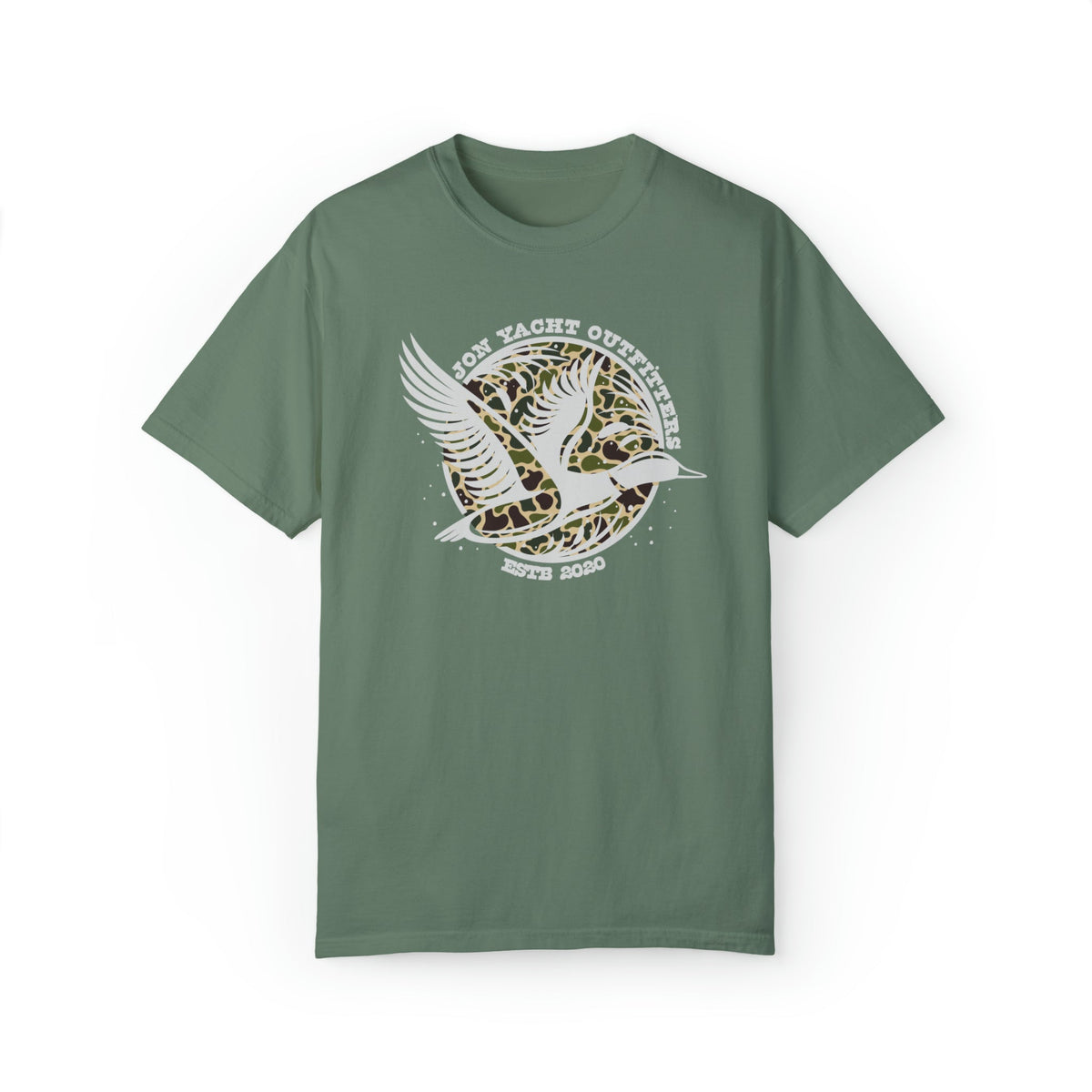 Garment-dyed green t-shirt with "Don Yacht Outfitters" and a white flying duck over a camo circle.