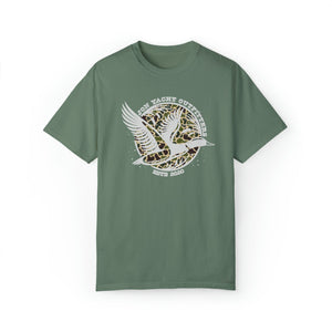 Garment-dyed green t-shirt with "Don Yacht Outfitters" and a white flying duck over a camo circle.