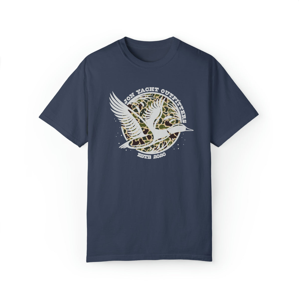 Navy blue Comfort Colors t-shirt with "Don Yacht Outfitters" and a flying duck in camouflage print.