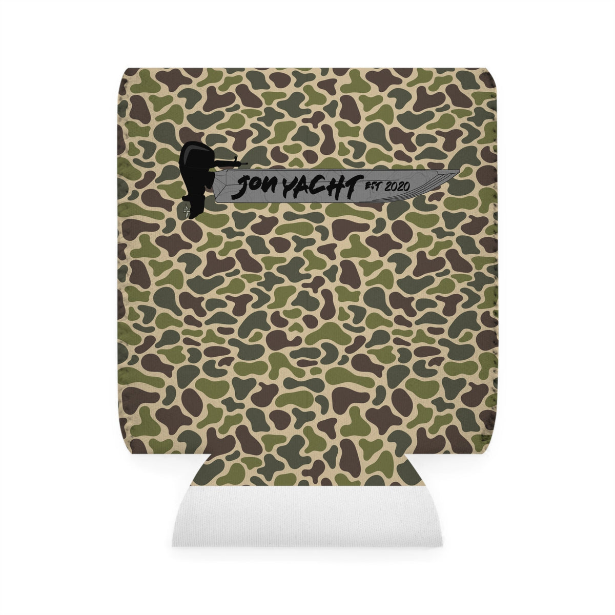 Camo neoprene can coozie with "Jon Yacht EST 2020" logo and outboard motor graphic.