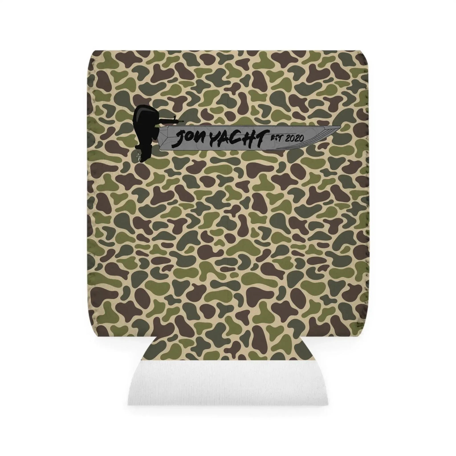 Camo neoprene coozie for 12oz cans, featuring "JON YACHT EST. 2020" logo, on a sandy beach.
