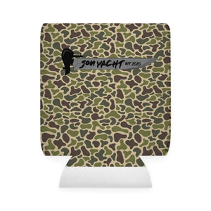 Camo neoprene can coozie with "Jon Yacht EST 2020" logo and outboard motor graphic.