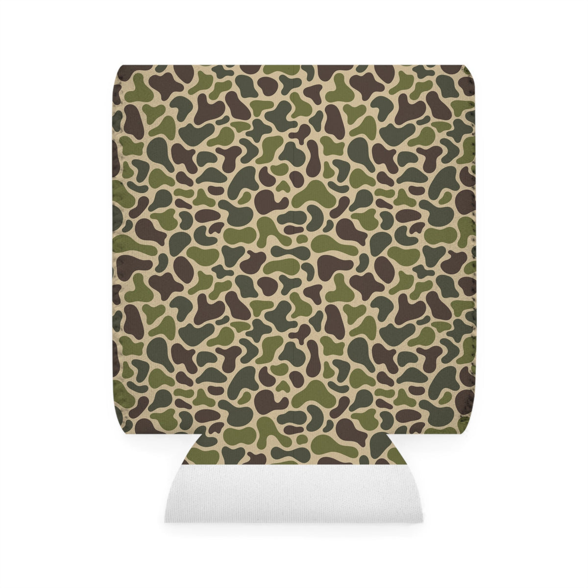 Old School JY Coozie in green and brown camouflage neoprene, fits 12oz cans.