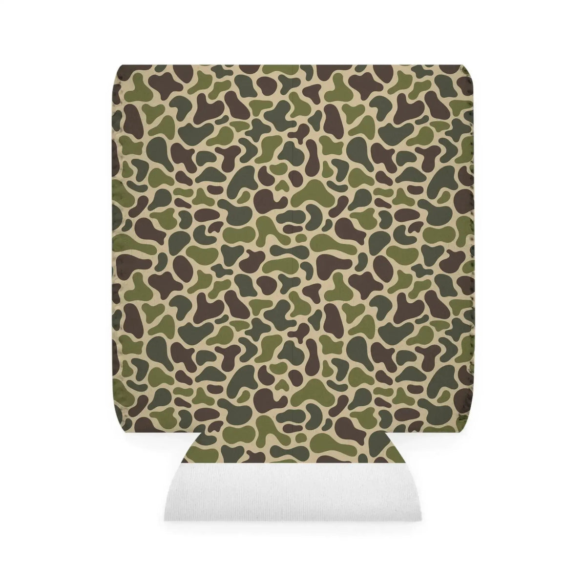 Old School JY Coozie in green and brown camouflage neoprene, fits 12oz cans.