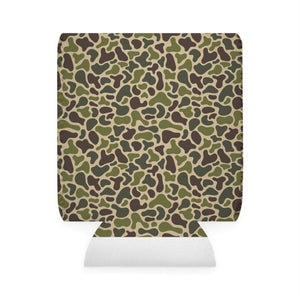 Old School JY Coozie in green and brown camouflage neoprene, fits 12oz cans.
