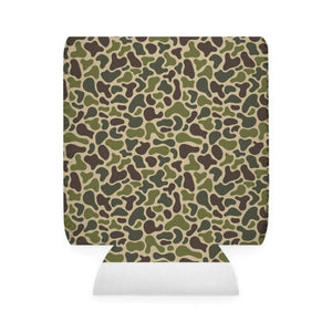 Old School JY Coozie in green and brown camouflage neoprene, fits 12oz cans.