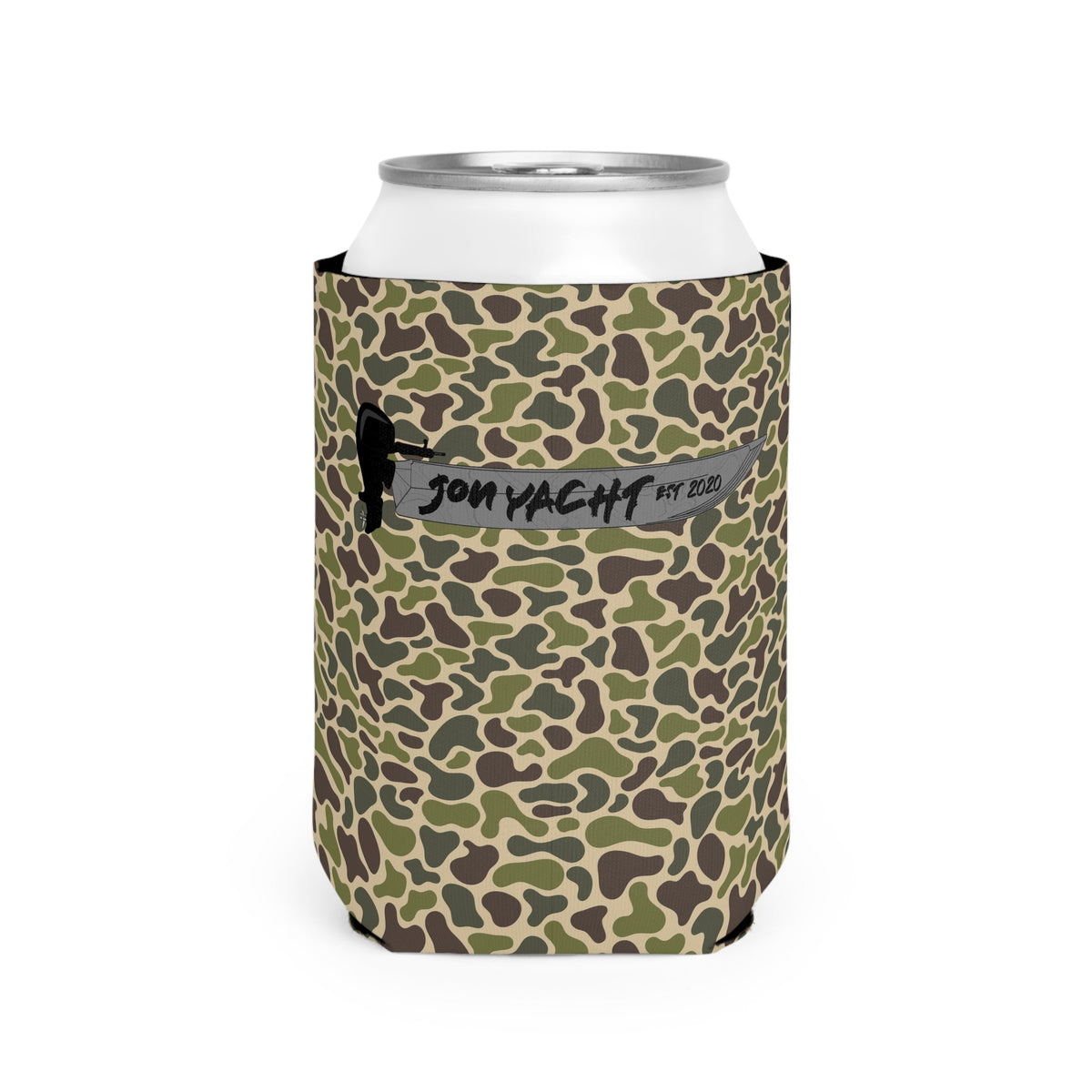 Camo neoprene can coozie with "JON YACHT EST. 2020" logo, fits standard 12oz cans.