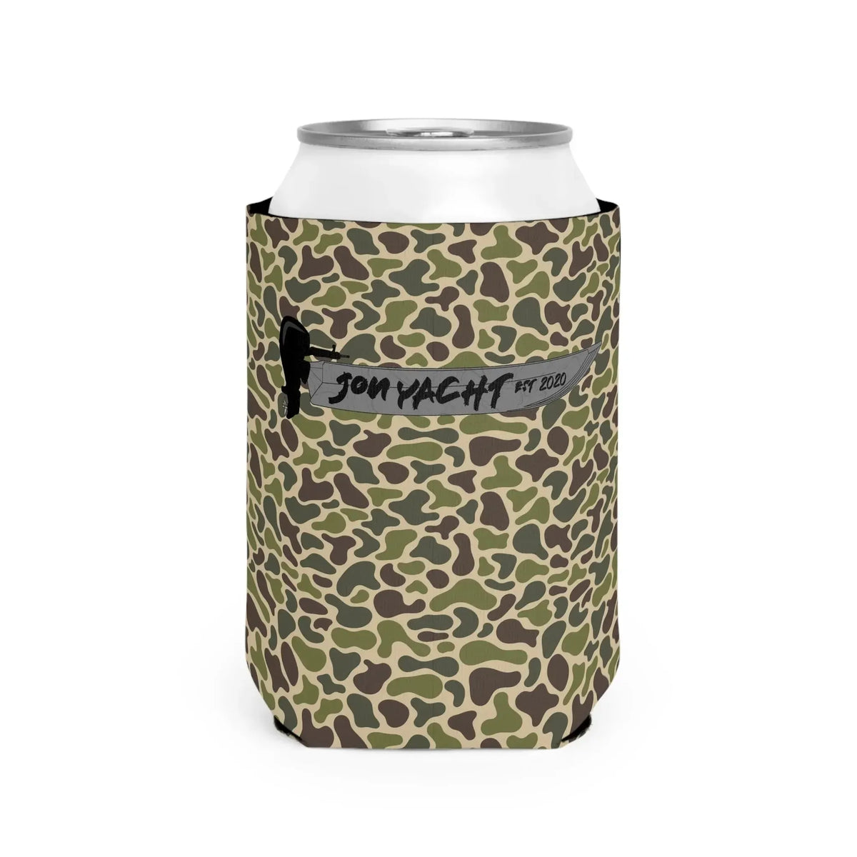 Camo neoprene can coozie with "JON YACHT EST. 2020" logo, fits standard 12oz cans.