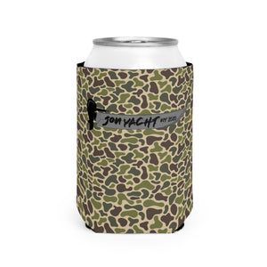 Camo neoprene can coozie with "JON YACHT EST. 2020" logo, fits standard 12oz cans.