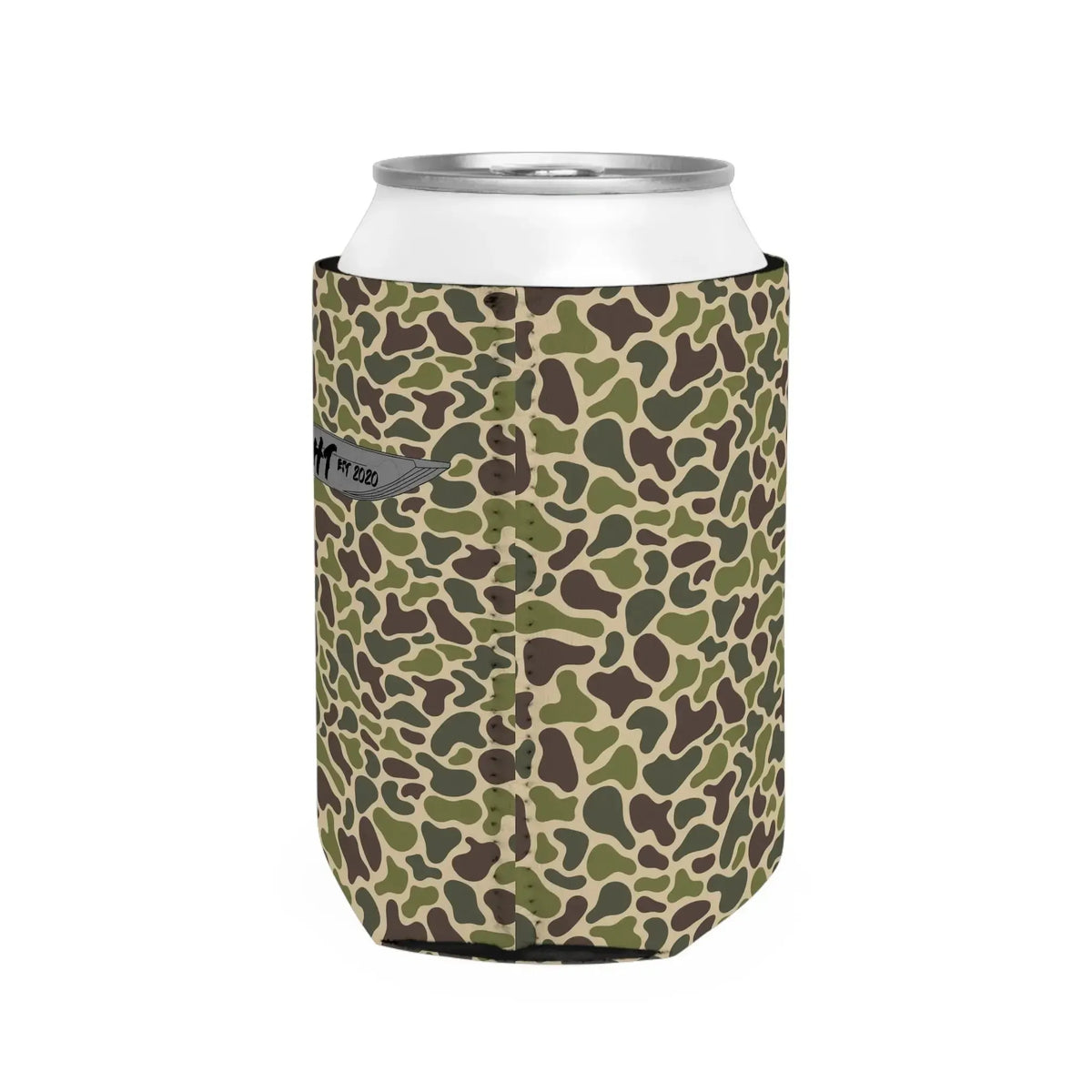 Old School JY Coozie: Camouflage neoprene can cooler sleeve with a black interior, fitting a 12oz can.