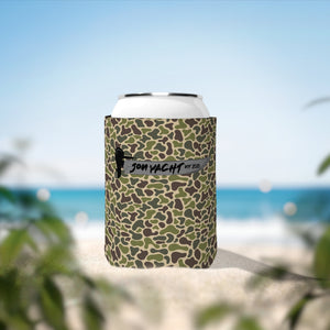 Camo neoprene coozie for 12oz cans, featuring "JON YACHT EST. 2020" logo, on a sandy beach.