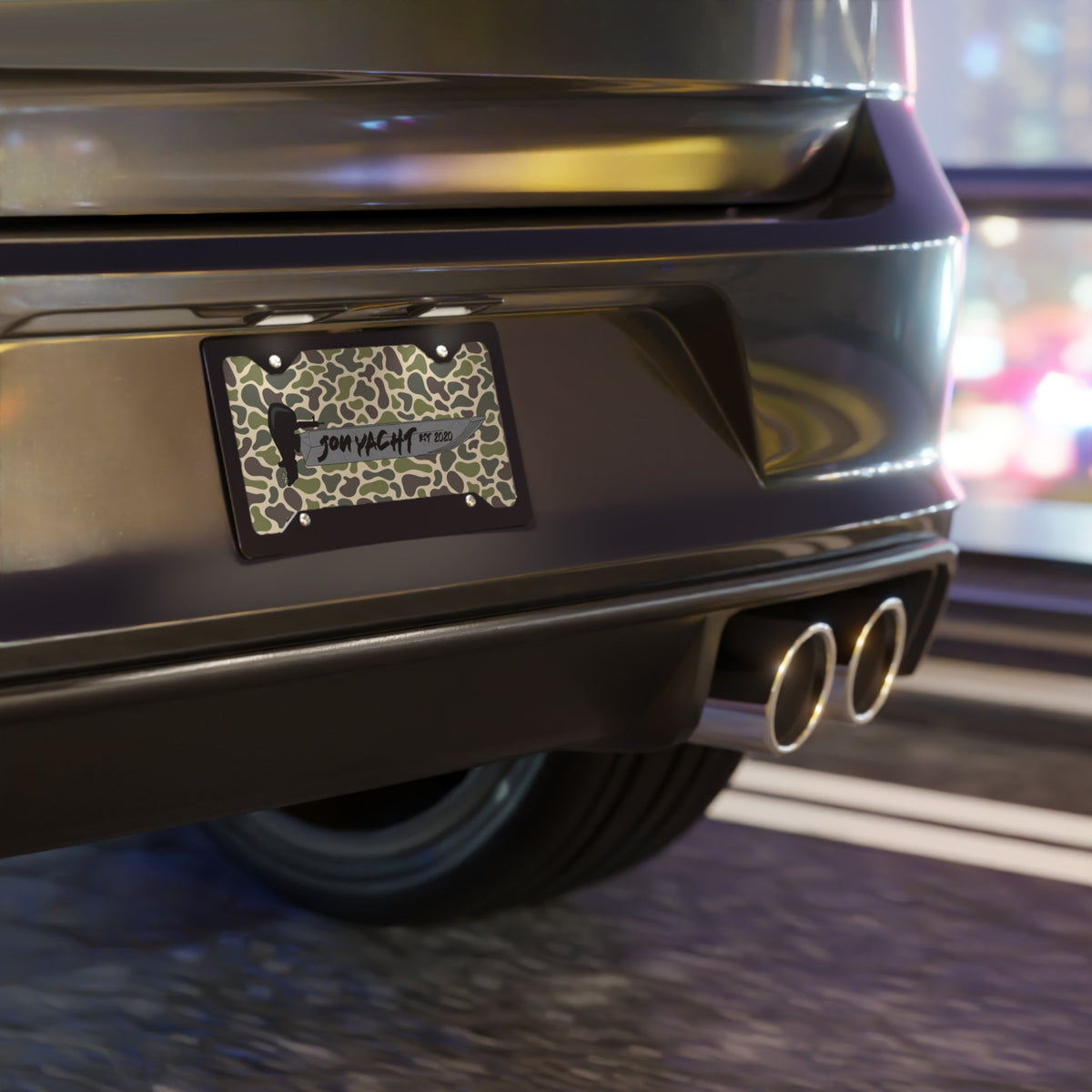 Aluminum Old Skool Plate with camouflage pattern, "SOM YACHT" text, and "NY 2020" on a black car.