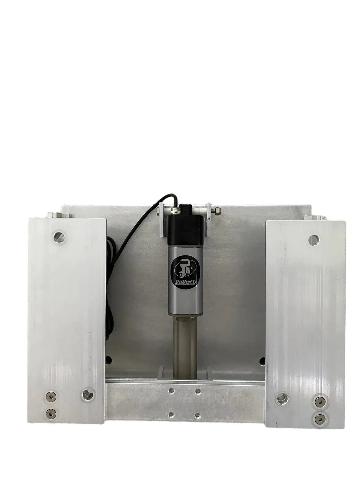 Silver aluminum OnTheFly Electric Jackplate with black actuator, pre-drilled holes, and wiring.