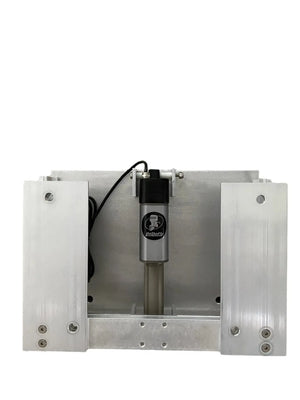 Silver aluminum OnTheFly Electric Jackplate with black actuator, pre-drilled holes, and wiring.