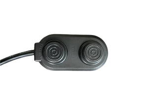 Black oval control switch with "DOWN" and "UP" buttons for an electric jack plate.