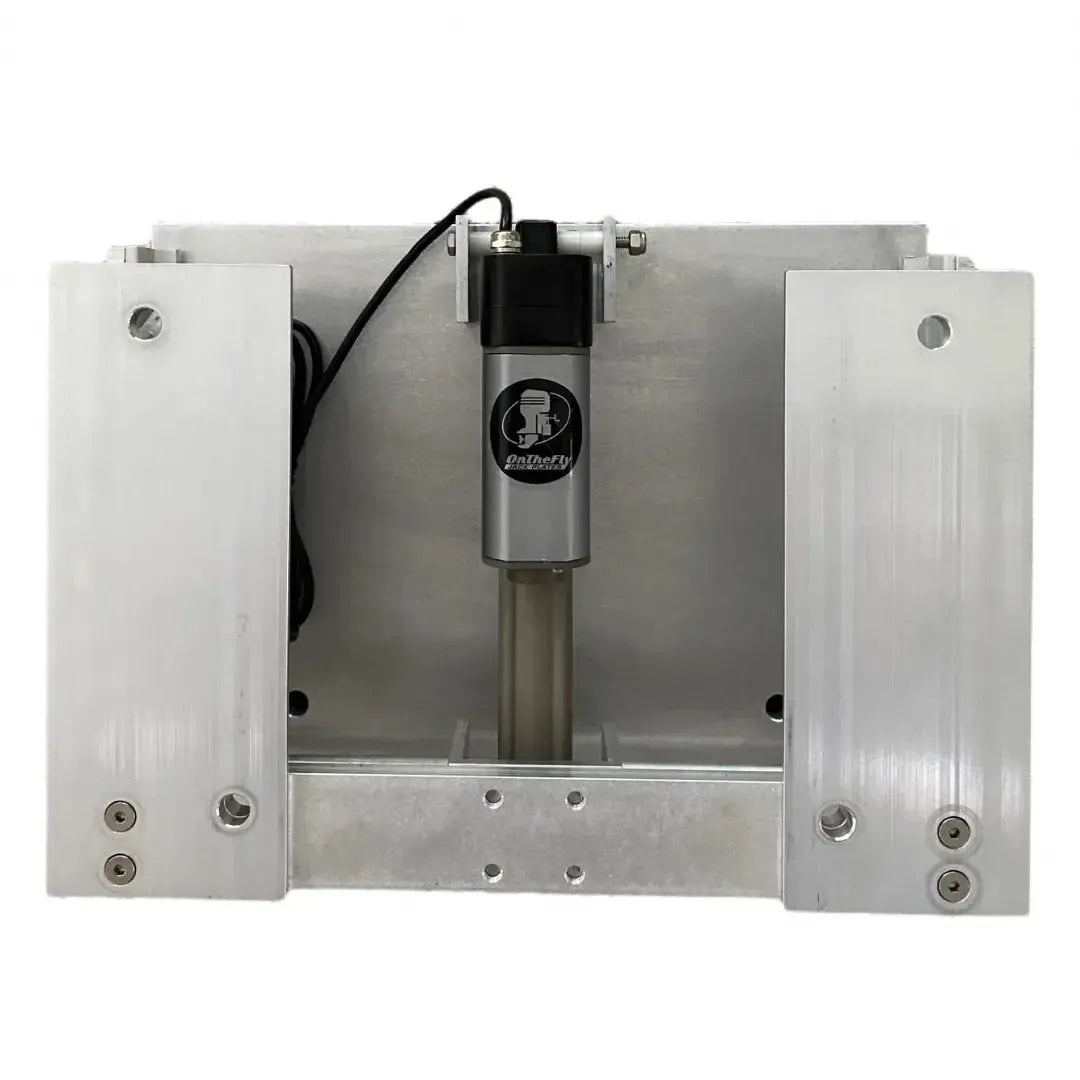Silver aluminum OnTheFly Electric Jackplate with black actuator and wiring.