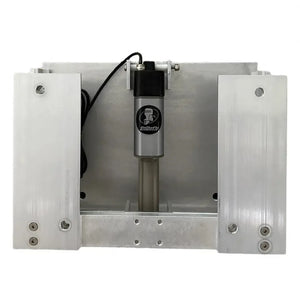 Silver aluminum OnTheFly Electric Jackplate with black actuator and wiring.