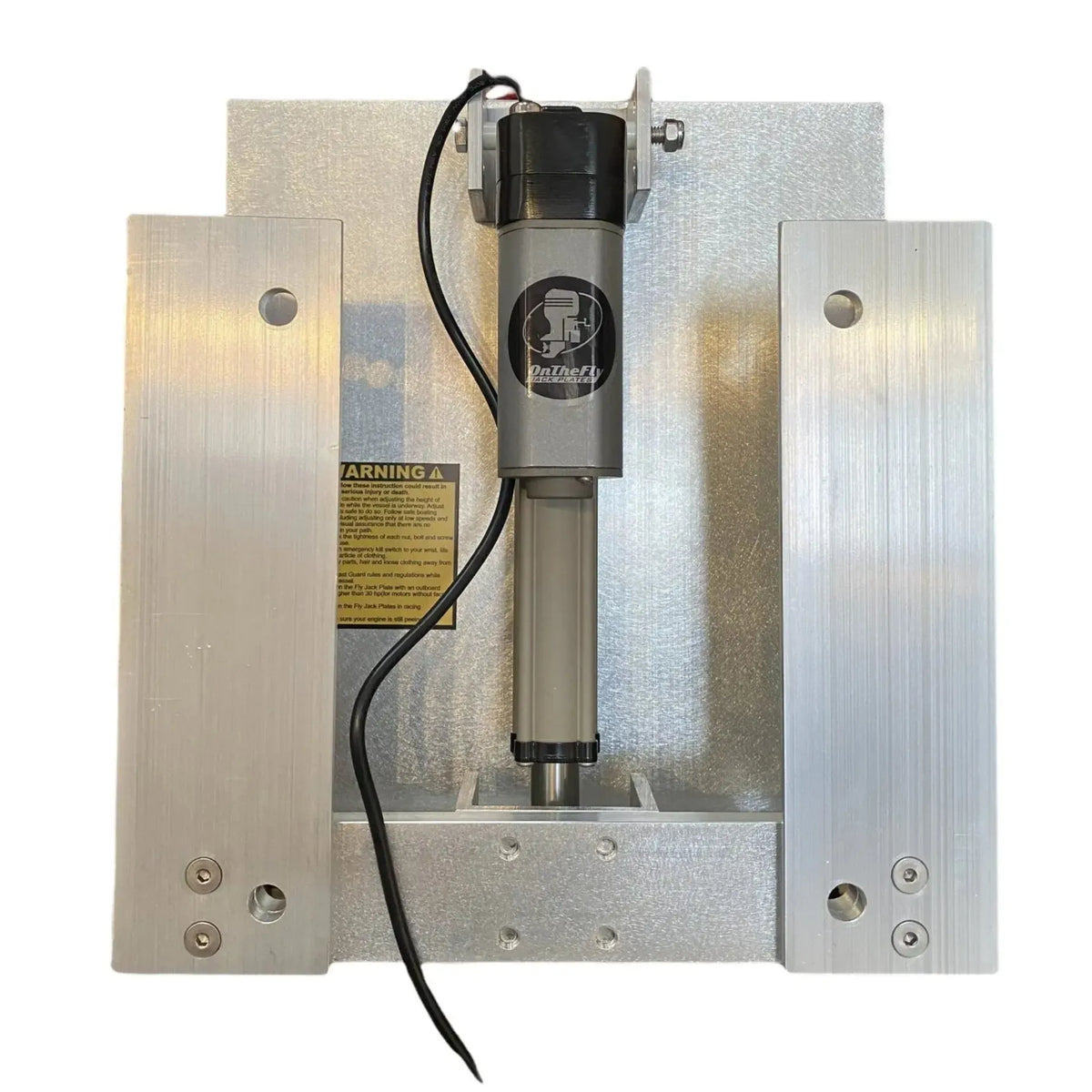 Silver aluminum OnTheFly Electric Jackplate with a gray actuator and black wiring.